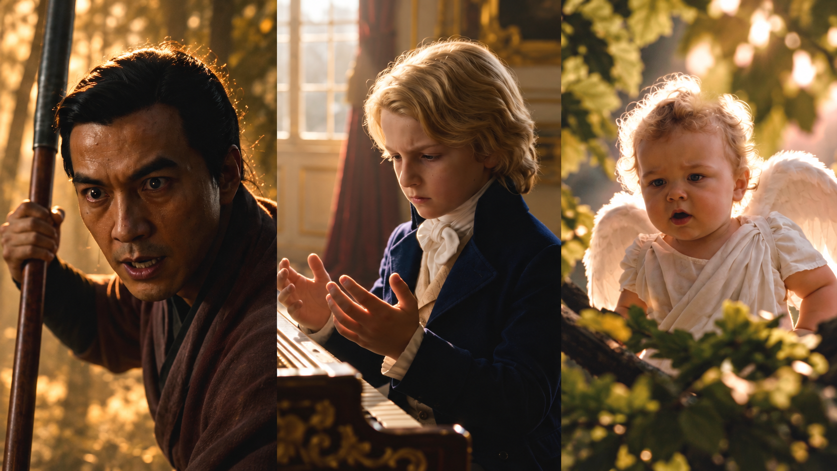 Wu Song, Beethoven and Cupid in three side-by-side scenes.